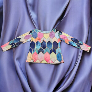 Long Sleeve Shirt Top Women Stained Glass Colorful Geometric Patterned Boho XL